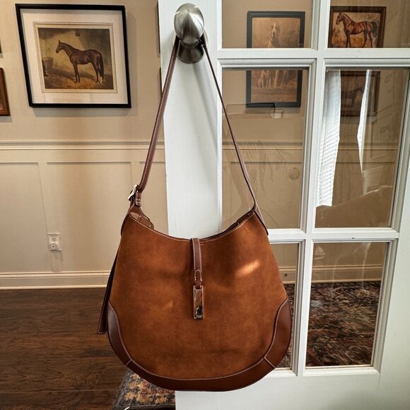 Shoulder bag leather and suede-like large satchel hobo tote brown khaki camel - Picture 1 of 4